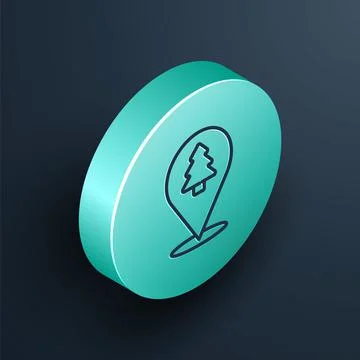 Isometric line Location of the forest on a map icon isolated on black background Illustrazione stock