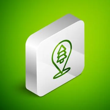 Isometric line Location of the forest on a map icon isolated on green background Illustrazione stock