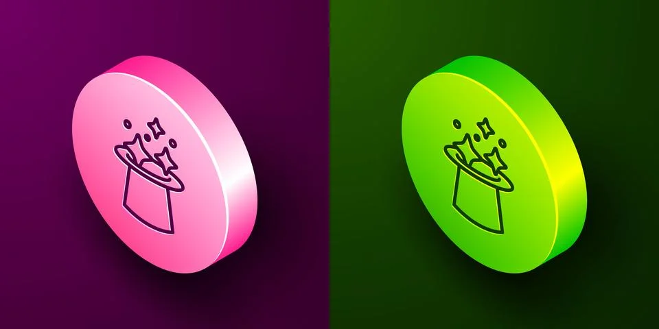 Isometric line Magic hat icon isolated on purple and green background. Magi.. Stock Illustration