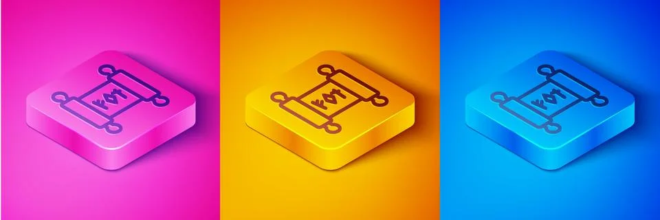 Isometric line Magic scroll icon isolated on pink and orange, blue background Stock Illustration