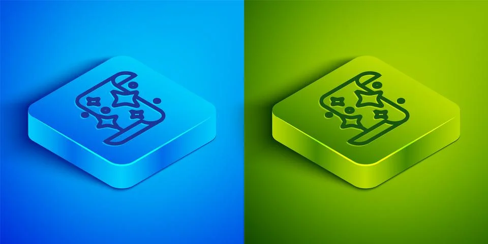 Isometric line Magic scroll icon isolated on blue and green background. Decree Ilustração Stock