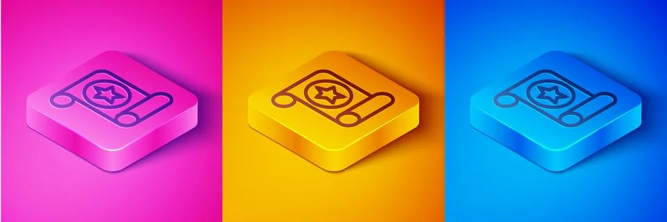 Isometric line Magic scroll icon isolated on pink and orange, blue background Ilustração Stock