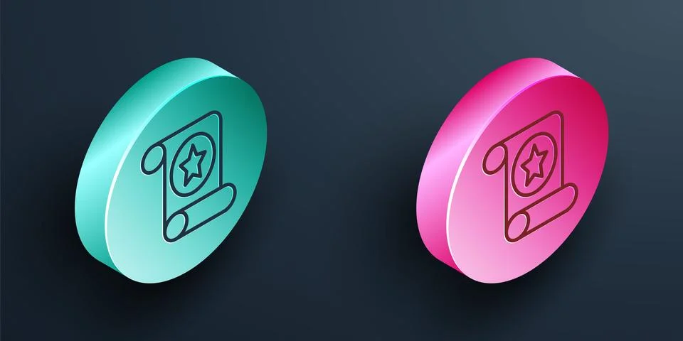 Isometric line Magic scroll icon isolated on black background. Decree, paper, Ilustração Stock