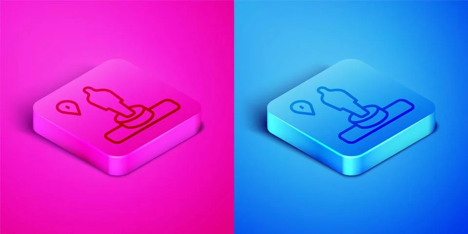 Isometric line Map pin and monument icon isolated on pink and blue background イラスト素材