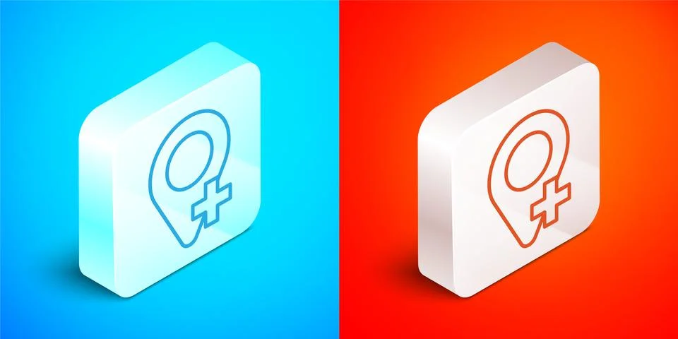 Isometric line Map pin icon isolated on blue and red background. Navigation 스톡 일러스트