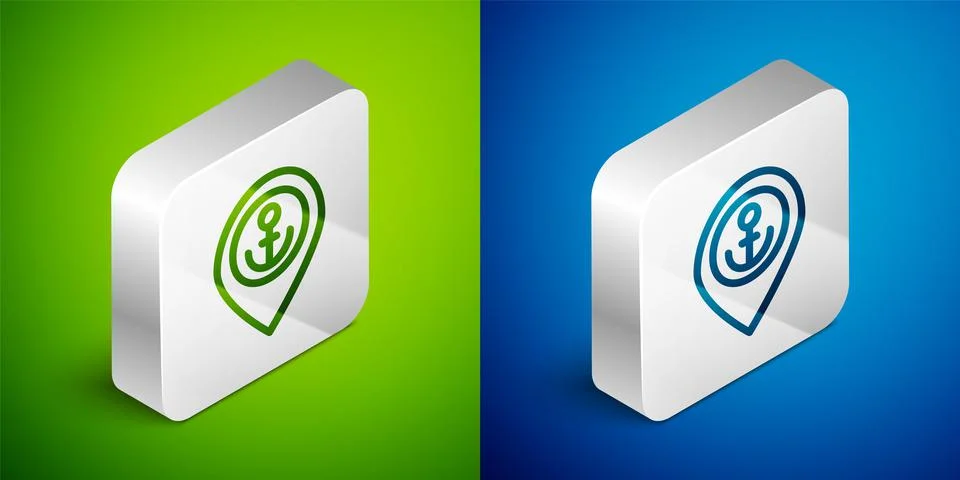 Isometric line Map pointer with anchor icon isolated on green and blue Stock Illustration