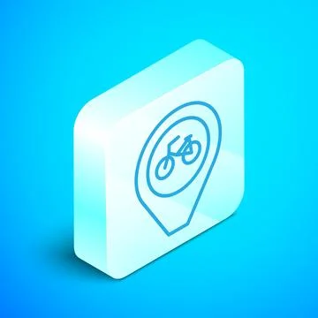 Isometric line Map pointer with bicycle icon isolated on blue background. Sil Stock Illustration