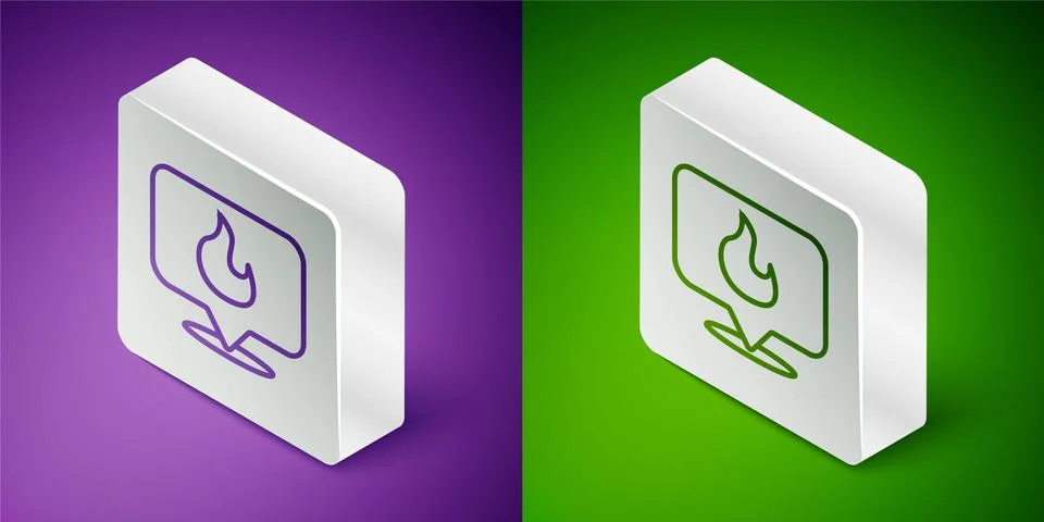Isometric line Map pointer with fire flame icon isolated on purple and green 스톡 일러스트