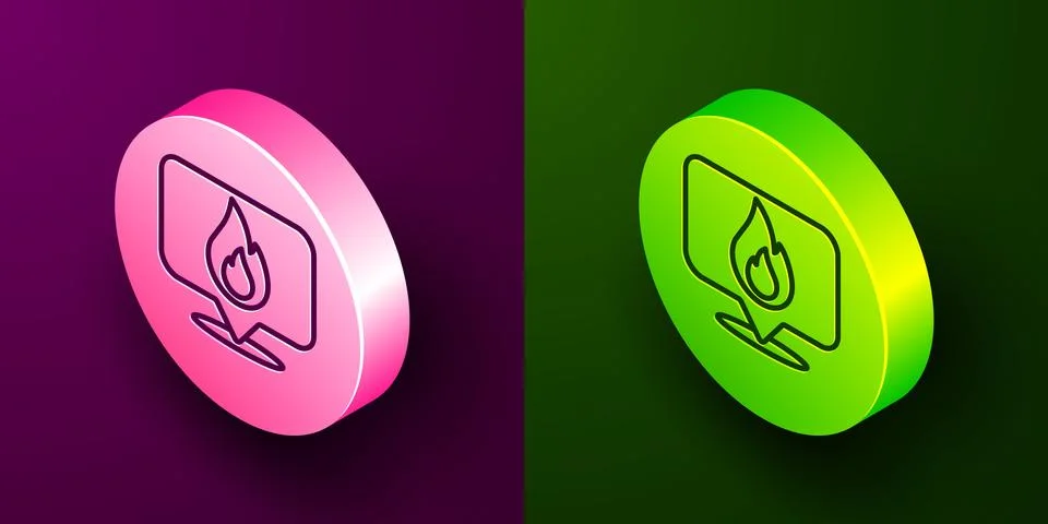 Isometric line Map pointer with fire flame icon isolated on purple and green Stock Illustration