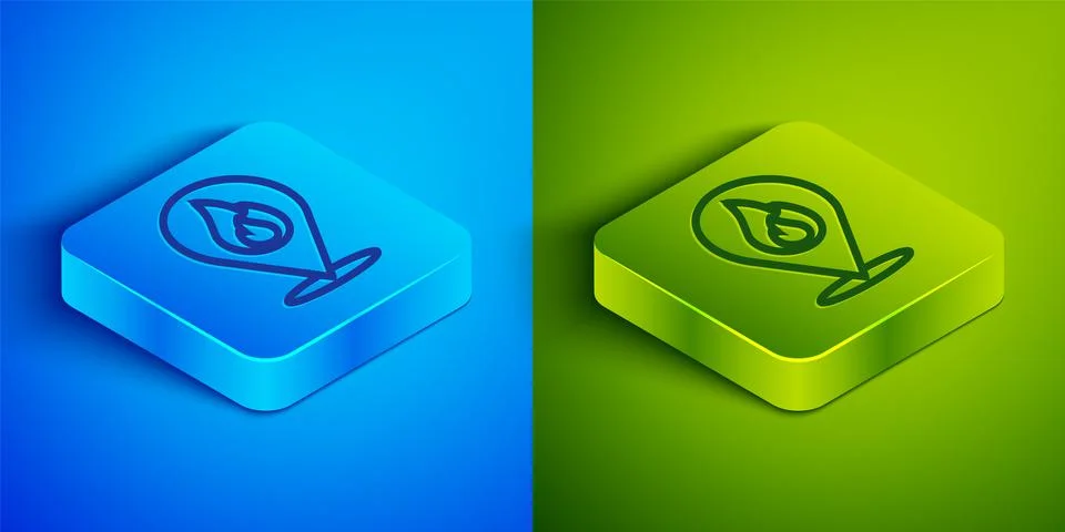 Isometric line Map pointer with fire flame icon isolated on blue and green Stock Illustration
