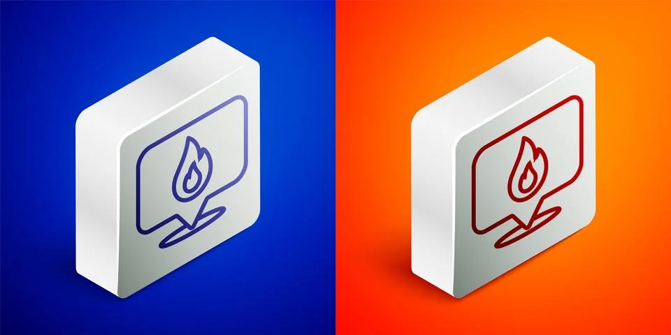 Isometric line Map pointer with fire flame icon isolated on blue and orange.. 스톡 일러스트