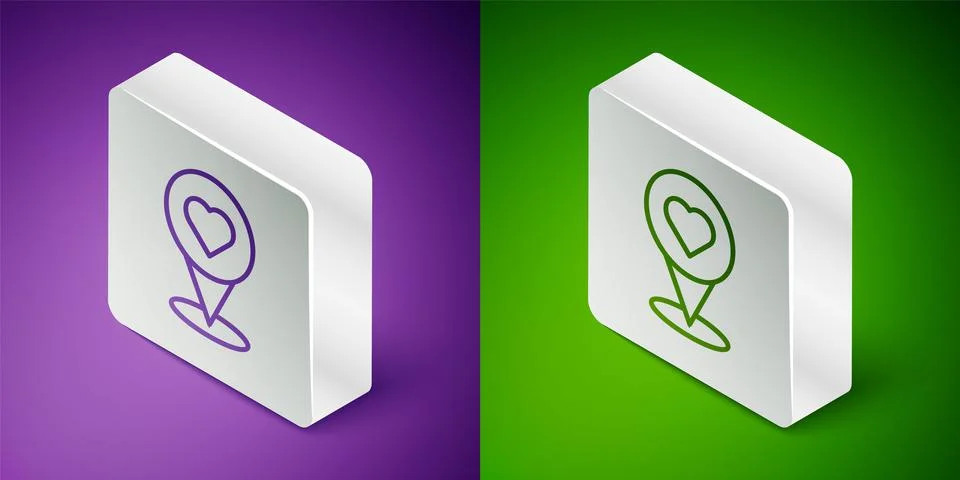 Isometric line Map pointer with heart icon isolated on purple and green Stock Illustration