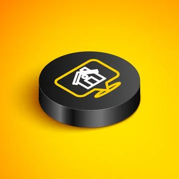 Isometric line Map pointer with house icon isolated on yellow background. Home Stockillustratie