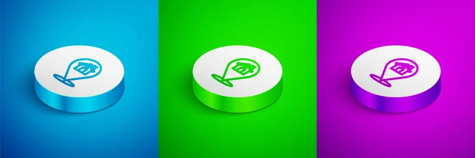Isometric line Map pointer with house icon isolated on blue, green and purple Stock Illustration
