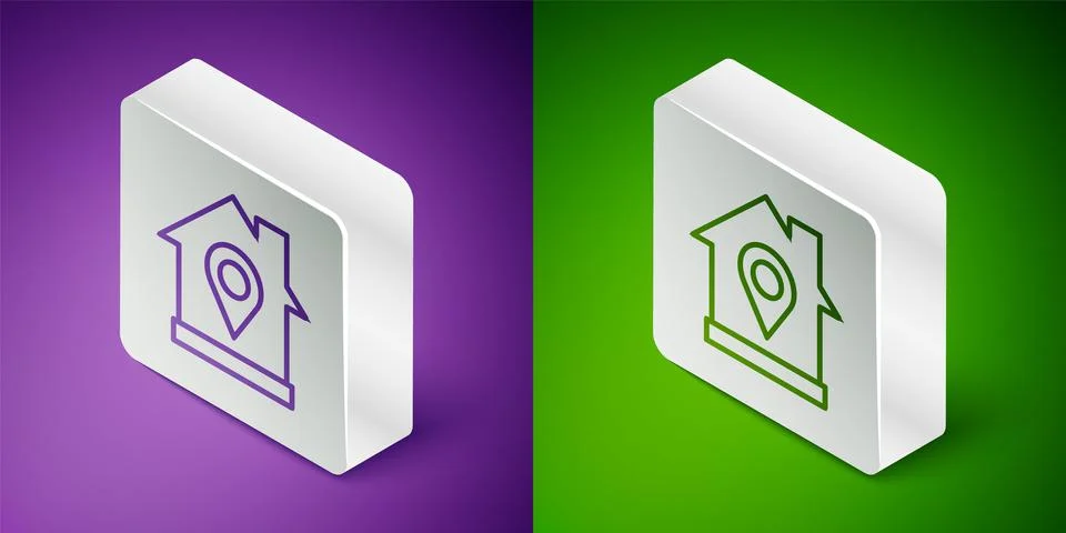 Isometric line Map pointer with house icon isolated on purple and green イラスト素材