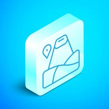 Isometric line Map pointer with mountain icon isolated on blue background. Mo Stock Illustration