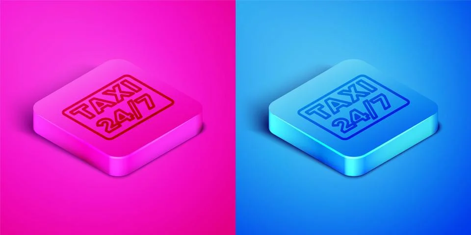 Isometric line Map pointer with taxi icon isolated on pink and blue background Stock Illustration