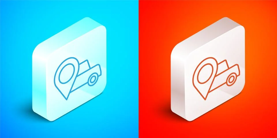 Isometric line Map pointer with taxi icon isolated on blue and red background Stock Illustration
