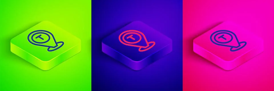 Isometric line Map pointer with taxi car icon isolated on green, blue and pink 스톡 일러스트