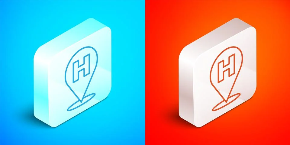Isometric line Medical map pointer with cross hospital icon isolated on blue and Stock Illustration