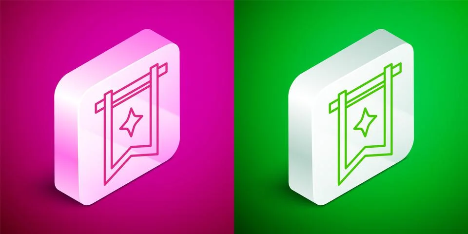 Isometric line Medieval flag icon isolated on pink and green background. Coun Stock Illustration