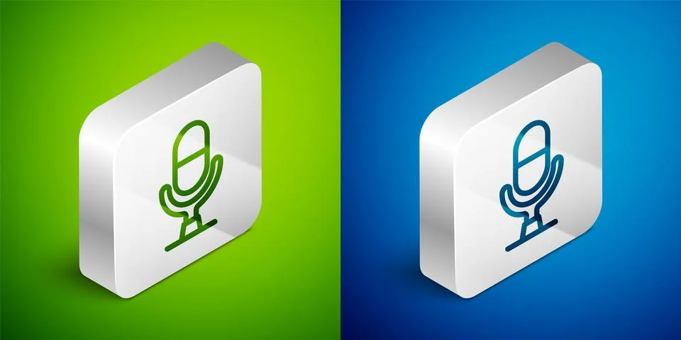 Isometric line Microphone voice device icon isolated on green and blue back.. Stock Illustration