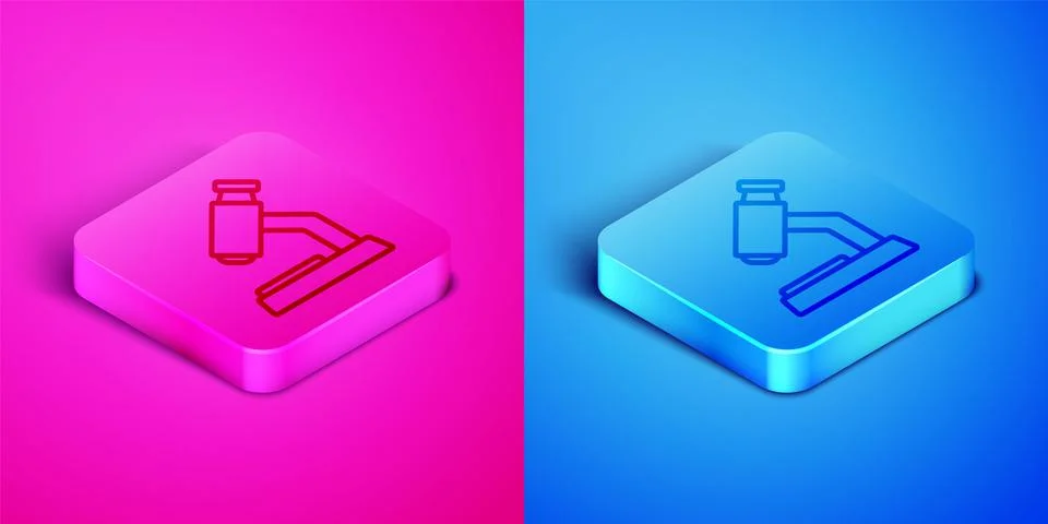 Isometric line Microscope icon isolated on pink and blue background. Chemistry Illustrazione stock