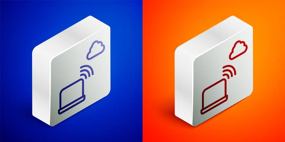 Isometric line Network cloud connection icon isolated on blue and orange Stock Illustration