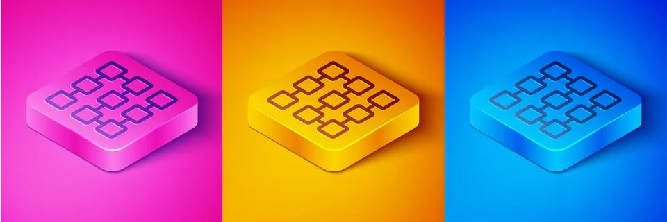 Isometric line NFT blockchain technology icon isolated on pink and orange, .. Stock Illustration
