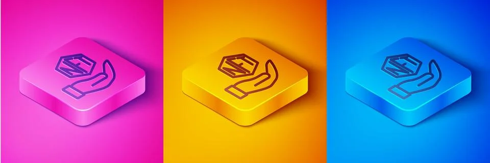 Isometric line NFT Digital crypto art icon isolated on pink and orange, blue Stock Illustration