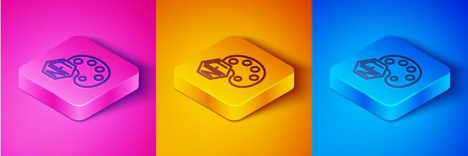 Isometric line NFT Digital crypto art icon isolated on pink and orange, blue Stock Illustration