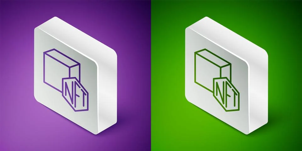 Isometric line NFT Digital crypto art icon isolated on purple and green Stock Illustration