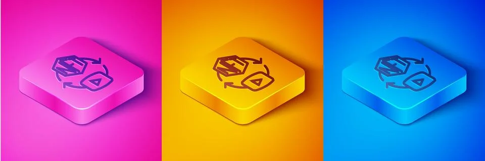 Isometric line NFT Digital crypto art icon isolated on pink and orange, blu.. Stock Illustration