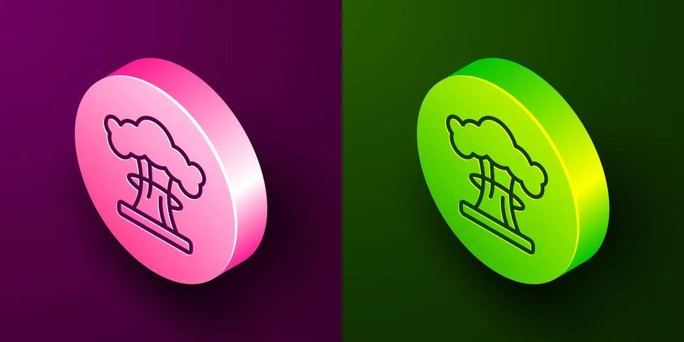 Isometric line Nuclear explosion icon isolated on purple and green background Illustrazione stock