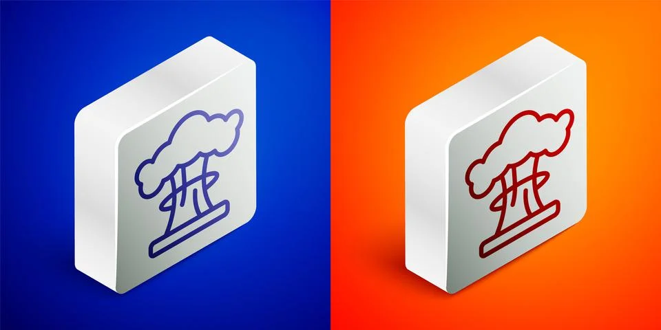 Isometric line Nuclear explosion icon isolated on blue and orange background Stock Illustration