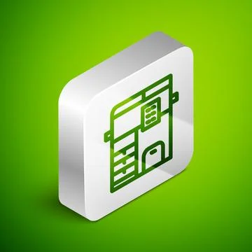 Isometric line Office multifunction printer copy machine icon isolated on green Stock Illustration