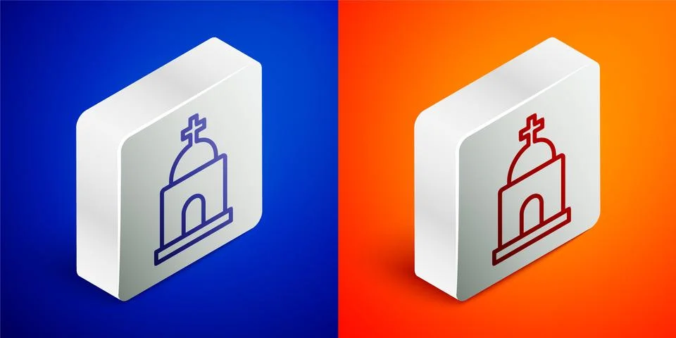 Isometric line Old crypt icon isolated on blue and orange background. Cemetery Ilustración de archivo