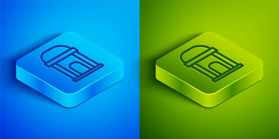 Isometric line Old crypt icon isolated on blue and green background. Cemetery Ilustración de archivo
