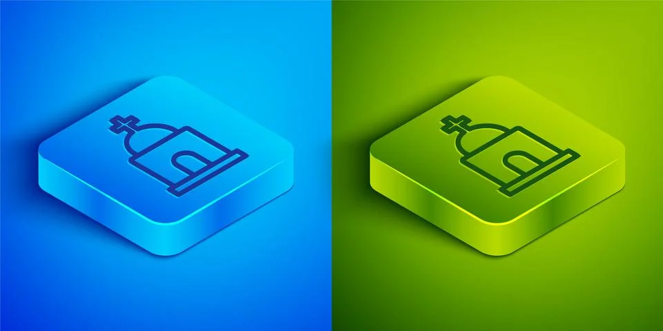 Isometric line Old crypt icon isolated on blue and green background. Cemetery Ilustración de archivo