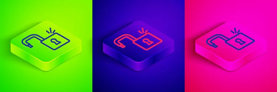 Isometric line Open padlock icon isolated on green, blue and pink background. 스톡 일러스트