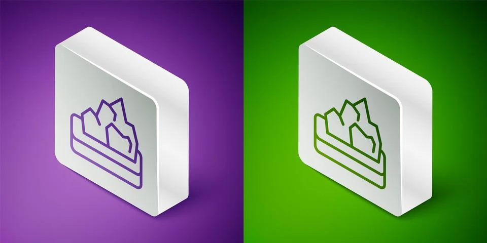 Isometric line Ore mining icon isolated on purple and green background. Silve Stock Illustration