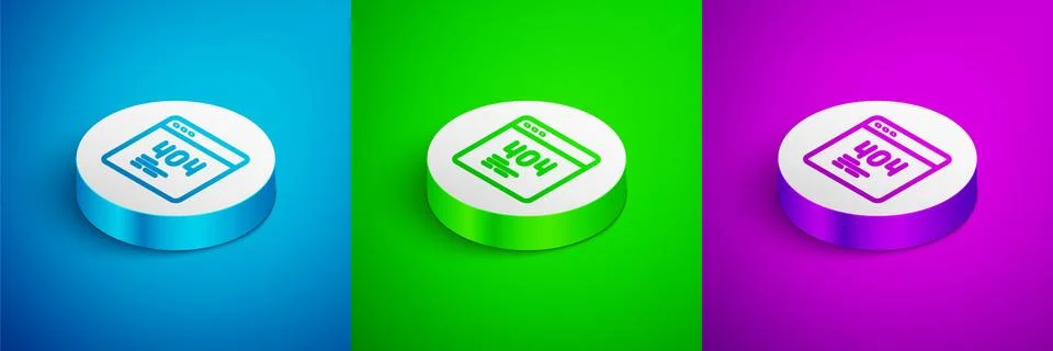 Isometric line Page with a 404 error icon isolated on blue, green and purple Stock Illustration