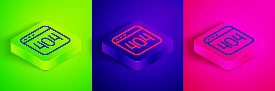 Isometric line Page with a 404 error icon isolated on green, blue and pink Illustrazione stock