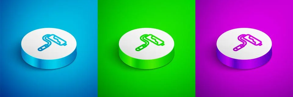 Isometric line Paint roller brush icon isolated on blue, green and purple Stock Illustration