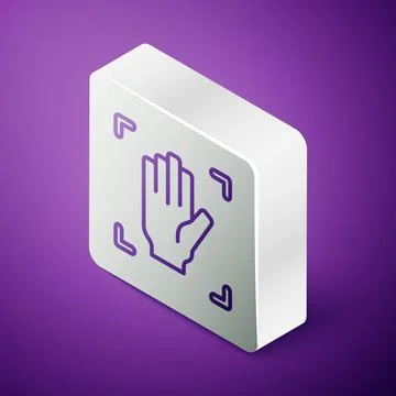 Isometric line Palm print recognition icon isolated on purple background Stock Illustration