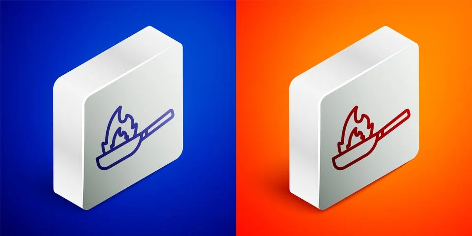 Isometric line Pan with fire icon isolated on blue and orange background. S.. Stock Illustration
