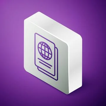 Isometric line Passport with biometric data icon isolated on purple background Stock Illustration