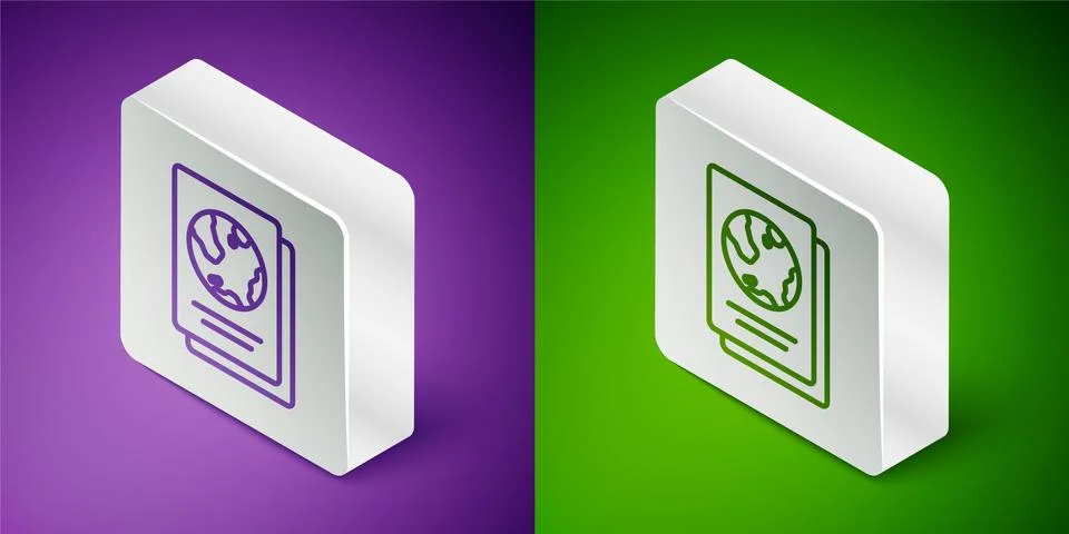 Isometric line Passport with biometric data icon isolated on purple and green Stock Illustration