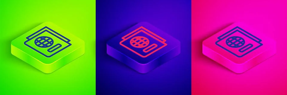 Isometric line Passport with biometric data icon isolated on green, blue and Stock Illustration