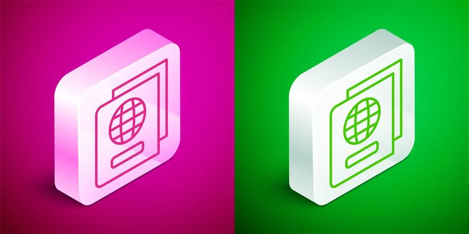 Isometric line Passport with biometric data icon isolated on pink and green Stock Illustration